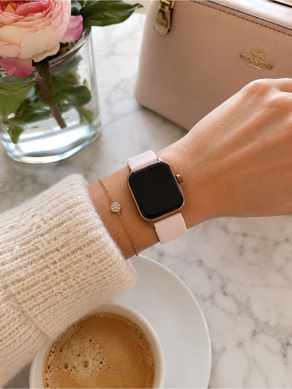 Rose-Gold Case Smartwatch with Light Pink Silicone Band